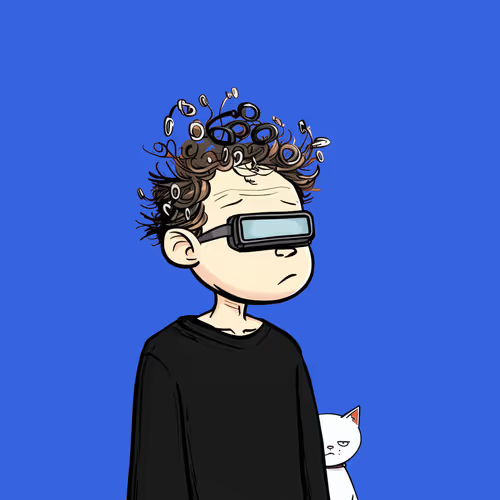 A cartoon illustration on a blue background depicts a person wearing VR goggles with curly brown hair and a small white cat peeking from behind.