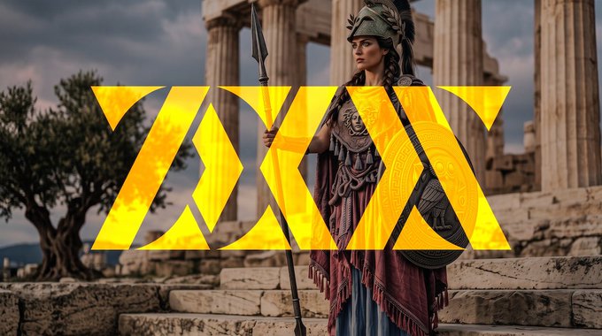 A female warrior dressed as the Greek goddess Athena, wearing a plumed helmet and holding a spear and shield, stands before ancient stone columns, with the bold yellow "ZEUS" logo overlaid across the center—visually tying the release name to its mythological namesake.
