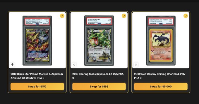 The image shows three graded Pokémon cards on a trading platform: a 2019 Black Star Promo Moltres & Zapdos & Articuno GX (PSA 9) for $152, a 2015 Roaring Skies Rayquaza EX #75 (PSA 9) for $193, and a 2002 Neo Destiny Shining Charizard #107 (PSA 9) valued at $5,000, which appears to be the prize the user won.