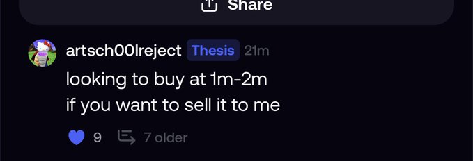A social media post from user 'artsch00lreject' reading 'looking to buy at 1m-2m if you want to sell it to me' with 9 likes.
