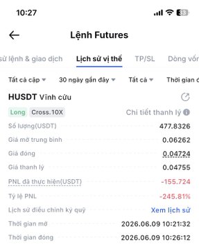 The image displays a phone screen showing a financial listing for futures trading. The title of the list is "Long Cross10x", which means the listed company has a long position in the market. It shows that the value of the position crossed 10% above its initial amount, and it was held for one day. Additionally, there are other details like the opening price of $1.00 and the closing price of $0.76, providing insights into recent trends.
