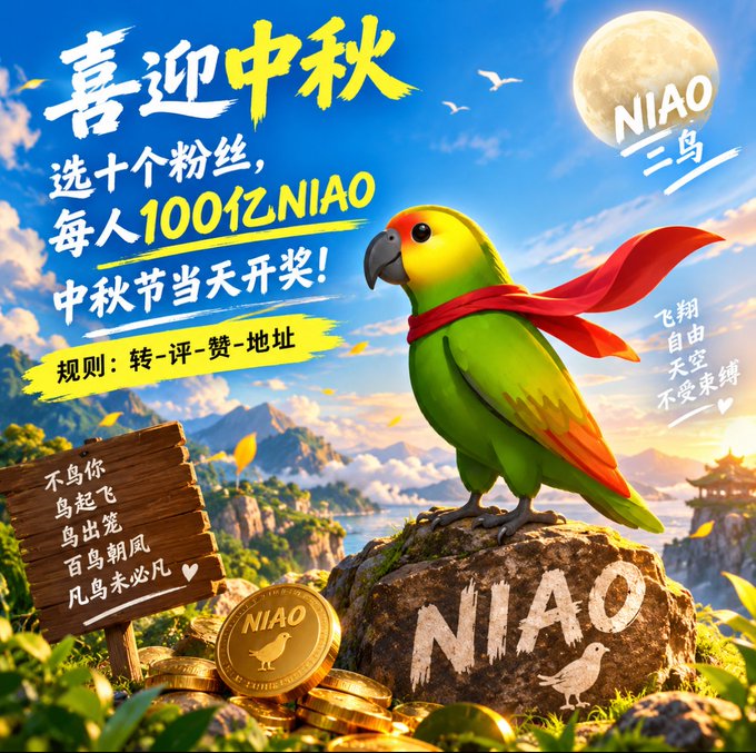 A Mid-Autumn Festival promotional graphic features a green parrot with a red cape on a rock, Chinese text announcing '100亿 NIAO' giveaway to 10 fans, with 'NIAO' coins at the bottom.