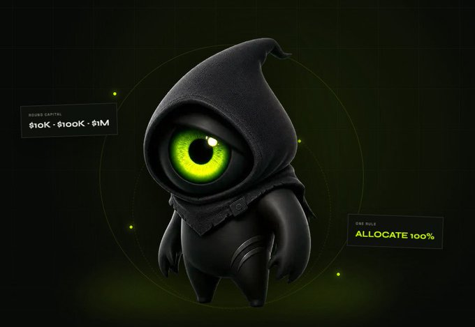 A small black hooded figure with a single glowing green eye stands against a dark grid background, displaying interface elements reading "ROUND CAPITAL $10K - $100K - $1M" and "ONE RULE ALLOCATE 100%." The image visually represents the Robinhood-themed fantasy stock trading platform mentioned in the post, where users manage an allocated budget to build their portfolio.