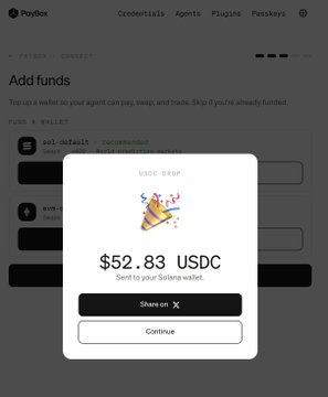 The image shows a confirmation of a $52.83 USDC airdrop to a Solana wallet, as part of the Paybox platform's offering.