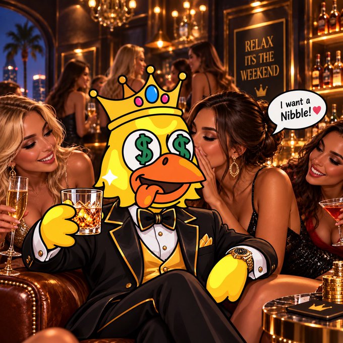 A cartoon duck wearing a crown and tuxedo with dollar signs for eyes sits surrounded by women in a luxurious bar setting, with a speech bubble saying 'I want a Nibble!' and a sign reading 'RELAX IT'S THE WEEKEND' in the background.