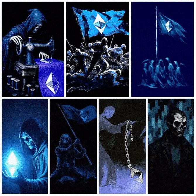 The image is a collage of nine different pictures, each featuring a person holding a flag or a banner with a blue design. The flags are predominantly blue and white, creating a cohesive theme throughout the collection. The images showcase various scenes related to the concept of "burn" in art, such as burning objects or people depicted on the banners. The post is titled "Gn Ξ Not every burn leaves ash Some become art", which suggests that the image may be part of an art series exploring the idea of transformation and change through the act of burning.