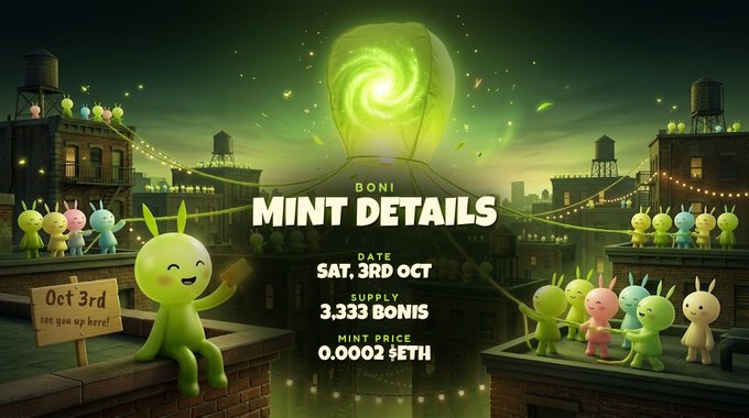 The image is a promotional graphic for an NFT project called "BONI," featuring cute cartoon characters gathered in a nighttime cityscape with a glowing green portal. Key text displays "MINT DETAILS," with a date of "SAT, 3RD OCT," supply of "3,333 BONIS," and a mint price of "0.0002 ETH," matching the post's announcement of the upcoming OpenSea launch.