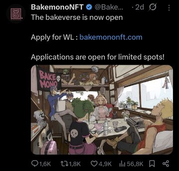 The image is a tweet from @BakemonoNFT announcing "The bakeverse is now open" with a whitelist application link at bakemononft.com, accompanied by an anime-style illustration of characters gathered around a table. The caption in the post criticizes the account, accusing @BakemonoNFT of stealing artwork and labeling it a scam mint, suggesting the promotional tweet is part of a fraudulent NFT project.