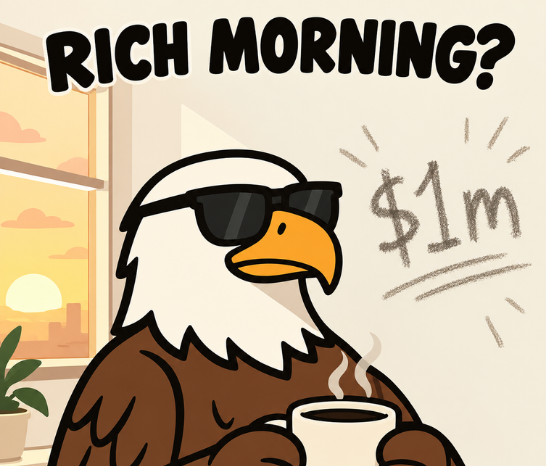 A smug, sunglasses-wearing bald eagle sips coffee at sunrise with "$1m" written on the wall behind it, captioned "RICH MORNING?"—visually matching the post's $1 million dream with a touch of "lifestyle creep" irony, since the eagle's cozy morning routine hints that reaching the number wouldn't end the grind.