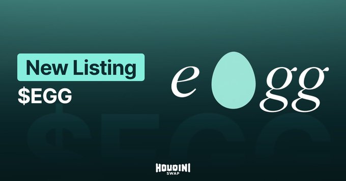 An announcement banner with a green background showing 'New Listing' for '$EGG' on Houdini Swap, featuring a stylized 'egg' logo with an egg-shaped icon replacing the 'e'.