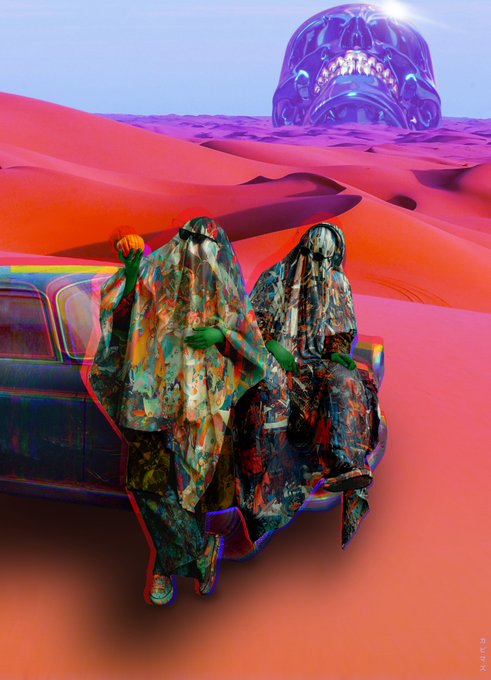 A surreal digital artwork featuring two figures in colorful, textured hooded cloaks standing in a desert landscape with a large purple, metallic mask-like structure on the horizon.