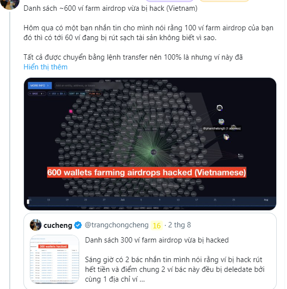 A social media post titled 'Danh sách ~600 ví farm airdrop vừa bị hack (Vietnam)' discusses hacked wallets, featuring a network visualization graphic labeled '600 wallets farming airdrops hacked (Vietnamese)' and a reply from 'cucheng' (@trangchongcheng).