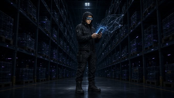 A person in dark tactical gear and goggles stands in a dark server room, holding a glowing tablet that projects a digital mesh network.