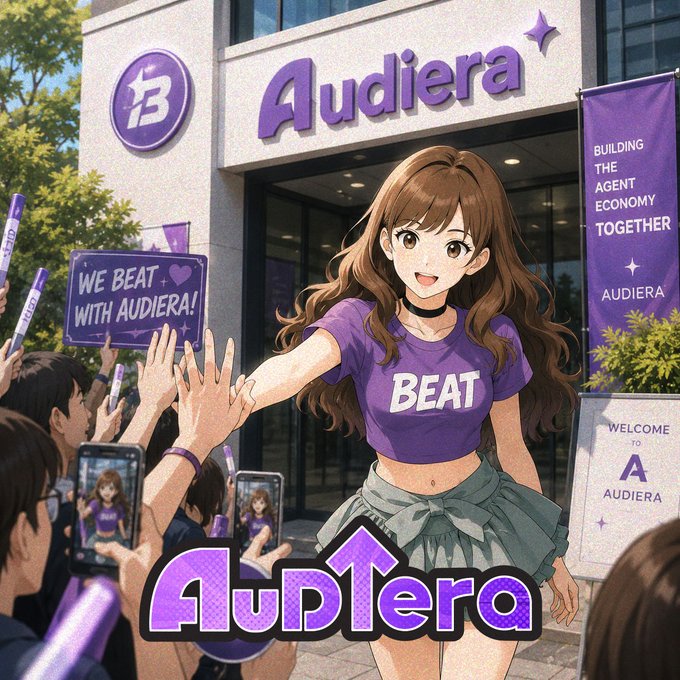 An anime-style illustration of a brown-haired girl in a purple 'BEAT' t-shirt, with fans holding signs saying 'WE BEAT WITH AUDIERA!' in front of a building labeled 'Audiera' and 'BUILDING THE AGENT ECONOMY TOGETHER'.