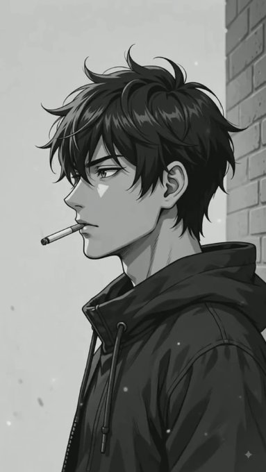 A black and white anime-style illustration shows a young man with messy dark hair, wearing a hoodie, smoking a cigarette while leaning against a brick wall in a contemplative profile view. The moody, introspective imagery complements the post's reflective tone about discovering a meaningful research community within QuipNetwork's Research Hub.