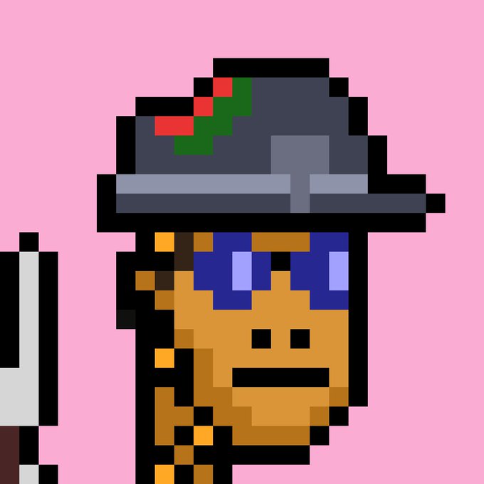 A pixel-art illustration of a humanoid character with a dark hat featuring red and green accents, purple hair, and an orange face against a pink background.