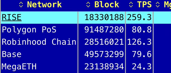 A table comparing blockchain networks showing RISE (highlighted in cyan) with the highest TPS of 259.3, followed by Polygon PoS, Robinhood Chain, Base, and MegaETH with their respective block numbers and TPS values.