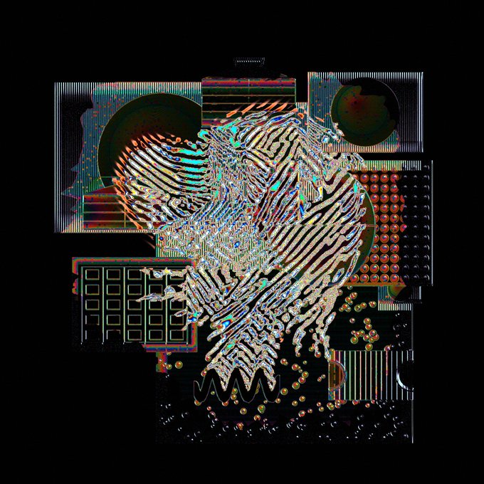 A glitchy, abstract digital artwork features a striped, distorted figure overlaid with various geometric patterns, spheres, and wavy lines against a black background.