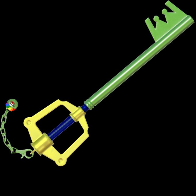 A large decorative key replica resembling a Kingdom Key from Kingdom Hearts, featuring a green shaft, yellow keychain guard, and a crown-shaped tip.