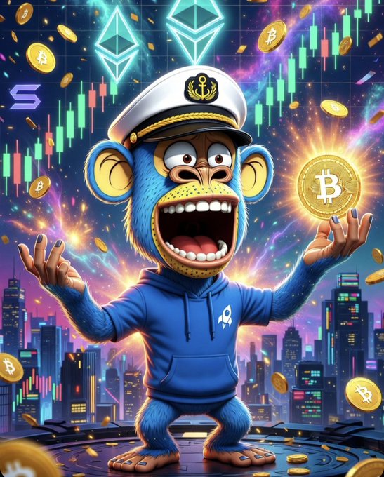 A cartoon blue monkey wearing a captain's hat and hoodie excitedly displays a Bitcoin coin, set against a vibrant backdrop of cityscapes, candlestick charts, and floating ETH and BTC symbols, capturing the energetic optimism of crypto trading. The celebratory mood and references to Bitcoin and Ethereum align perfectly with the post's cheerful "Good morning Crypto Fam" Thursday greeting to the crypto community.