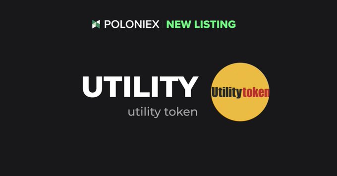 A black promotional banner announcing a 'NEW LISTING' on POLONIEX for 'UTILITY' (utility token), featuring the token's yellow circular logo with red text.