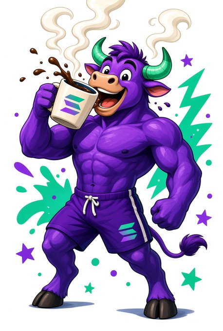A cartoon illustration of a muscular purple bull wearing matching purple shorts while enthusiastically holding a mug of coffee with the Solana logo.