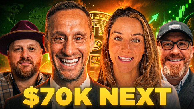 A YouTube thumbnail featuring four smiling people (two men, one woman, and a man with a hat) against a green Bitcoin and stock chart background, with bold yellow text reading "$70K NEXT," promoting a live discussion about Bitcoin breaking higher as stocks fall.