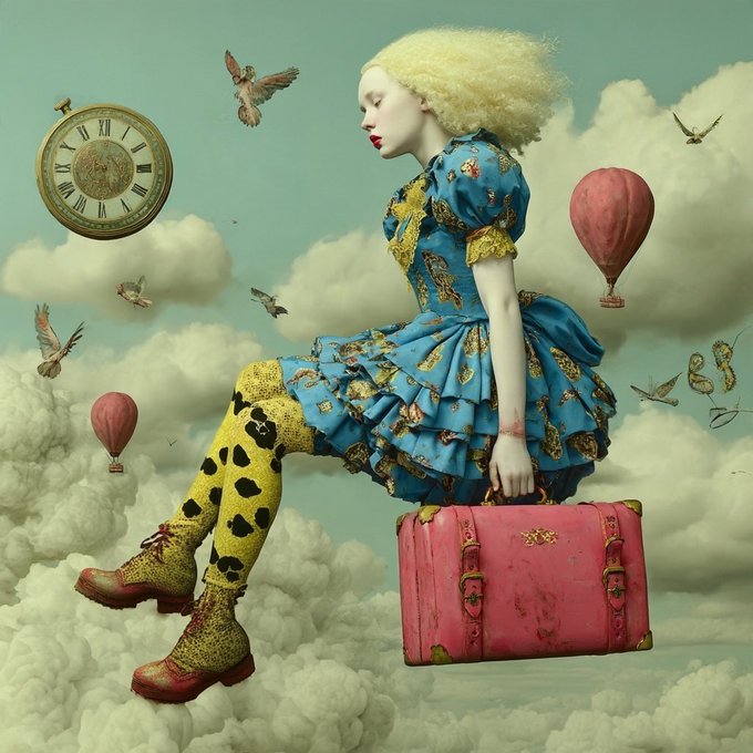 A surreal digital artwork featuring a pale-skinned woman with blonde hair wearing an ornate blue dress, leopard-print stockings, and holding a pink suitcase, floating among clouds with a pocket watch and birds.