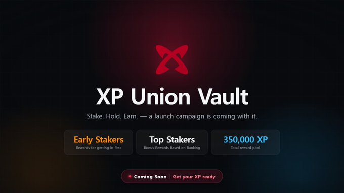 A promotional graphic for the upcoming "XP Union Vault" features a red X-shaped logo and highlights a 350,000 XP total reward pool with campaign categories for "Early Stakers" and "Top Stakers," aligning with the post's announcement of Xphere's upcoming staking launch where participants can earn exclusive XP rewards.