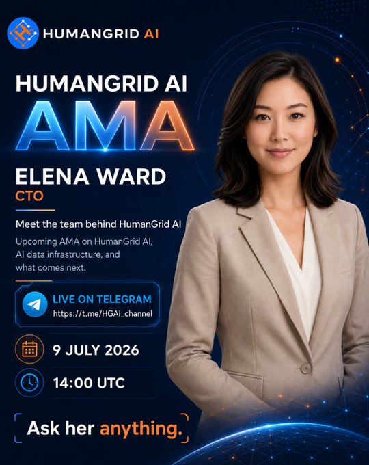 A promotional poster for HumanGrid AI announces an AMA session with CTO Elena Ward on 9 July 2026 at 14:00 UTC, live on Telegram at t.me/HGAI_channel.