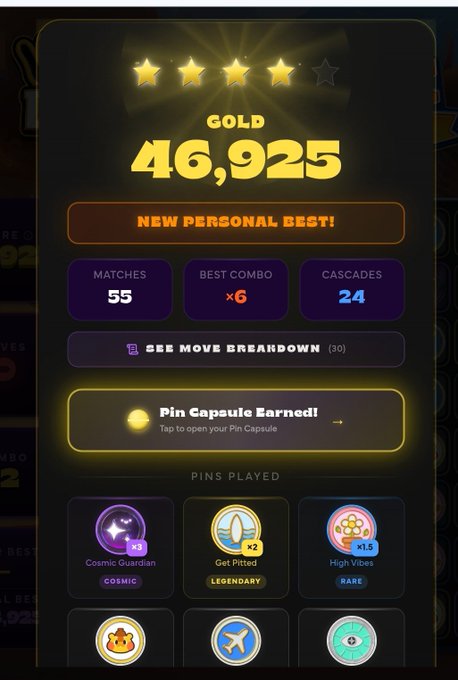 A mobile game results screen shows a 'GOLD' rank with a score of 46,925, marking a 'NEW PERSONAL BEST!', along with stats for matches, combo, and cascades.