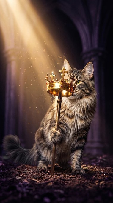 A fluffy tabby cat sits on the ground in a dimly lit, mystical setting with beams of light, holding a golden staff topped with a jeweled crown.