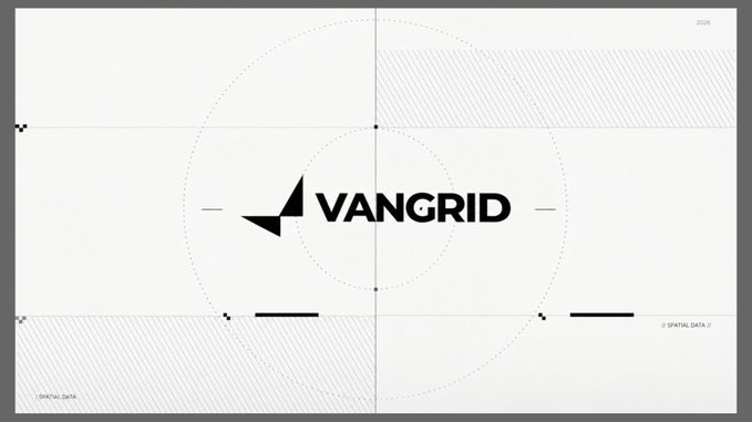 A minimalist black-and-white presentation slide displaying the 'VANGRID' logo with construction grid lines and technical measurement marks.