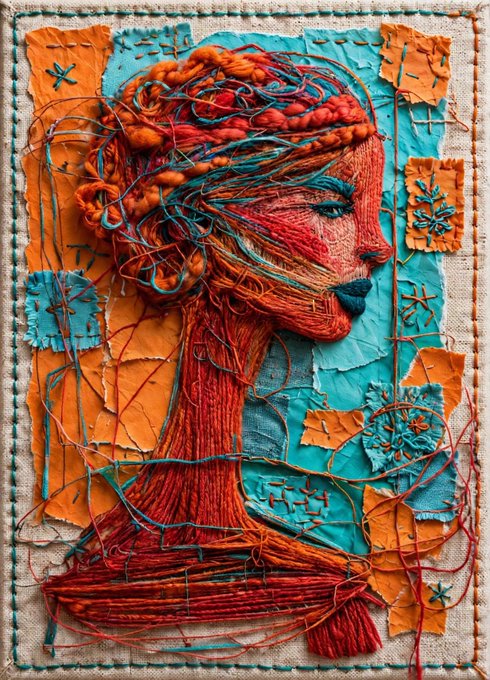An embroidered textile art piece depicting a stylized profile portrait of a woman with orange hair, closed eyes, and teal lips, created with red, orange, and teal threads on a cream fabric background with decorative stitching.