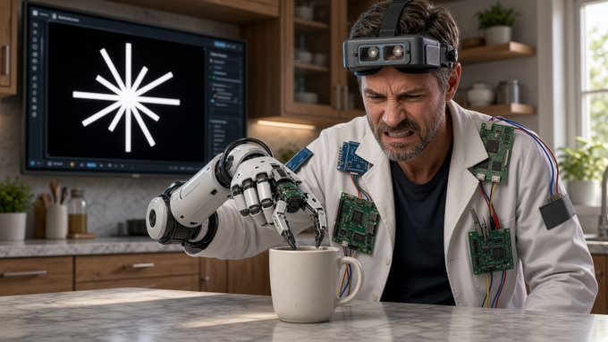 A man with a robotic prosthetic arm wearing a VR headset with circuit boards attached to his coat, stirring a coffee mug on a kitchen counter while a loading animation spins on a monitor behind him.