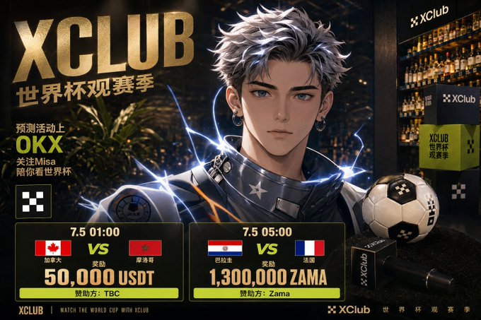 An XCLUB promotional graphic featuring an anime-style character for World Cup viewing season with match predictions for Canada vs Morocco and Bahrain vs France, offering prize pools of 50,000 USDT and 1,300,000 ZAMA.