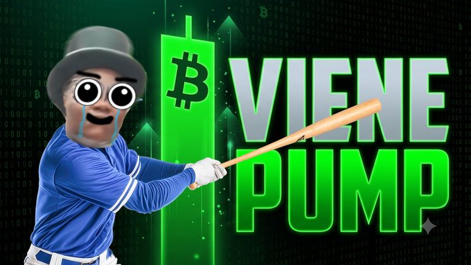 The image features a cartoon-style character in a blue baseball uniform and top hat swinging a baseball bat at a green candlestick chart topped with the Bitcoin logo, alongside bold text reading "VIENE PUMP" (Spanish for "pump is coming"), visually reinforcing the post's bullish prediction of a Bitcoin surge toward $70,000.