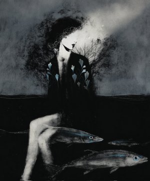 The image features a woman sitting on her knees with fish around her, including two fish swimming near her legs. The background of the image is dark gray, which contrasts with the white text that reads "GMorning Fam My two pieces available on different platform". There are also some words in the image, such as "Recreating Oneself", " Silence Begins", and "Euthanasia".