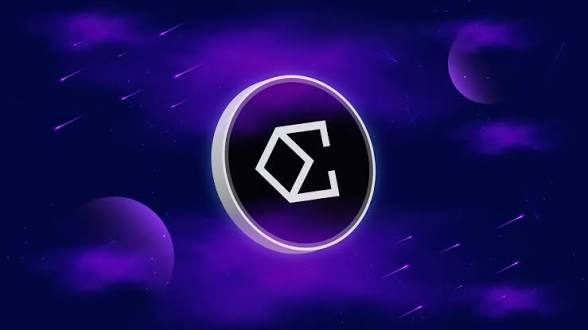 A stylized logo featuring a 'C' or 'E' symbol inside a black circle with a silver border, set against a purple cosmic background with planets and shooting stars.