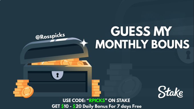 A promotional graphic for a "Guess My Monthly Bonus" giveaway on Stake, featuring an open treasure chest overflowing with gold coins alongside the text "GUESS MY MONTHLY BOUNS" and "USE CODE: 'RPICKS' ON STAKE" offering a $10–$20 daily bonus for 7 days free, branded with "@Rosspicks" and the Stake logo. The image reinforces the post's giveaway by visualizing the prize as a treasure chest while providing the promo code and bonus details required to enter.