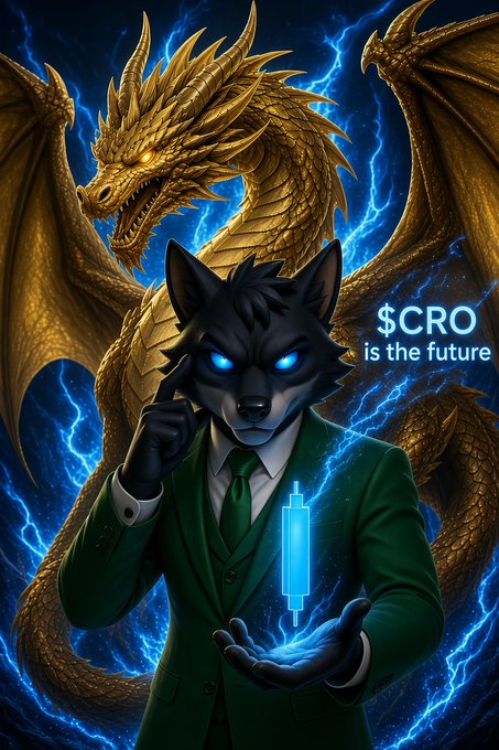 A digital artwork featuring an anthropomorphic wolf in a green suit with glowing blue eyes, holding a blue glowing candle, standing before a golden dragon with '$CRO is the future' text.