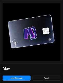 A sleek black digital card displays a stylized purple "M" logo, a chip, and a contactless symbol, representing the "Mav" NFT collection from Mavericks. The image visually showcases the Mavanoids PFP card being promoted for its upcoming August 24th mint with a 3,333 supply.