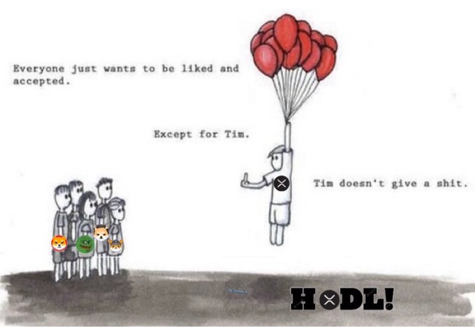 A cartoon meme showing people wanting to be liked while 'Tim' floats away with balloons saying he doesn't care, branded 'HODL!'.