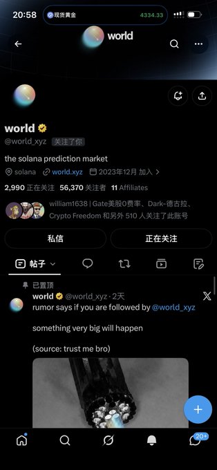 A Twitter/X mobile app screenshot of the account '@world.xyz' describing itself as 'the solana prediction market', with a pinned tweet reading 'rumor says if you are followed by @world_xyz something very big will happen (source: trust me bro)'.