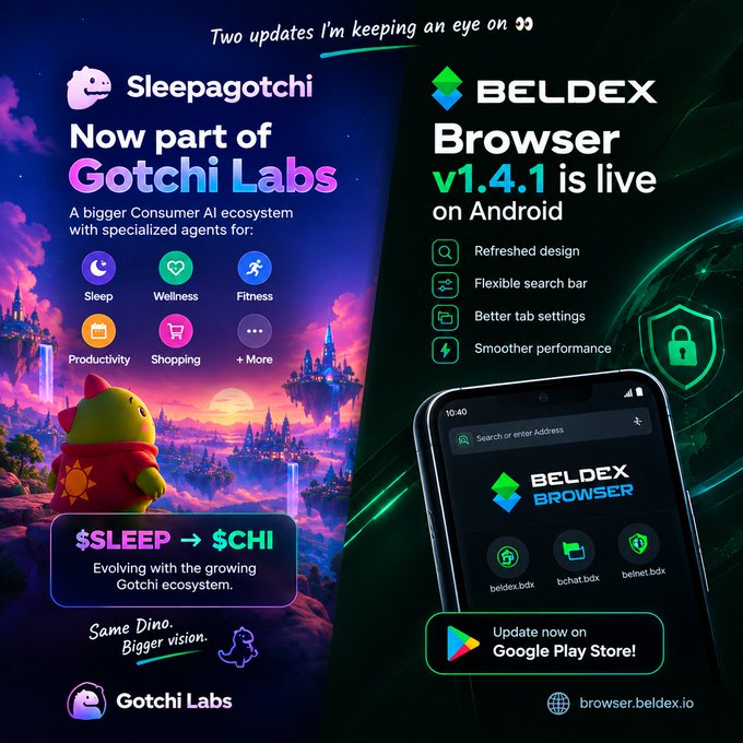 Promotional graphic announcing that Sleepagotchi is now part of Gotchi Labs (highlighting $SLEEP → $CHI conversion) alongside the Beldex Browser v1.4.1 release on Android with refreshed design, flexible search bar, and smoother performance, available on Google Play Store.