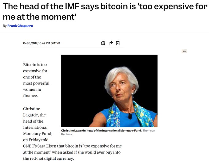 A news article headlined 'The head of the IMF says bitcoin is 'too expensive for me at the moment'' by Frank Chaparro, dated Oct 6, 2017, featuring a photo of IMF head Christine Lagarde with a caption identifying her.