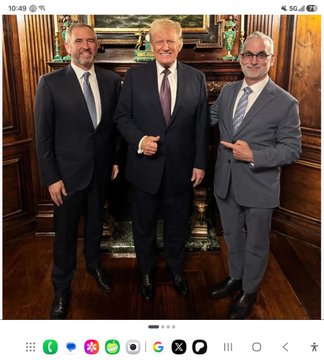 This image shows Brad Garlinghouse, CEO of Ripple, and another man posing with former President Donald Trump. The caption highlights the shared "energy" between Trump's "The Most Powerful Reset" and Garlinghouse's "It's Happening" as a reason to pay attention to $XRP.