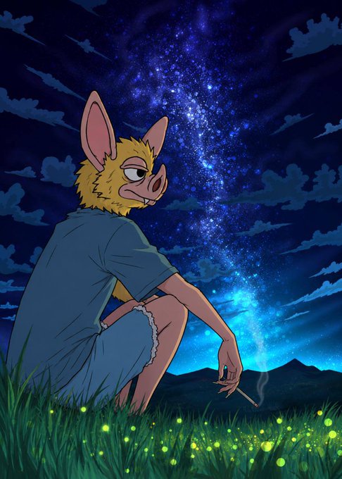 An illustrated anthropomorphic pig character in a blue shirt crouches in a grassy field under a starry, swirling night sky, holding a smoking stick.
