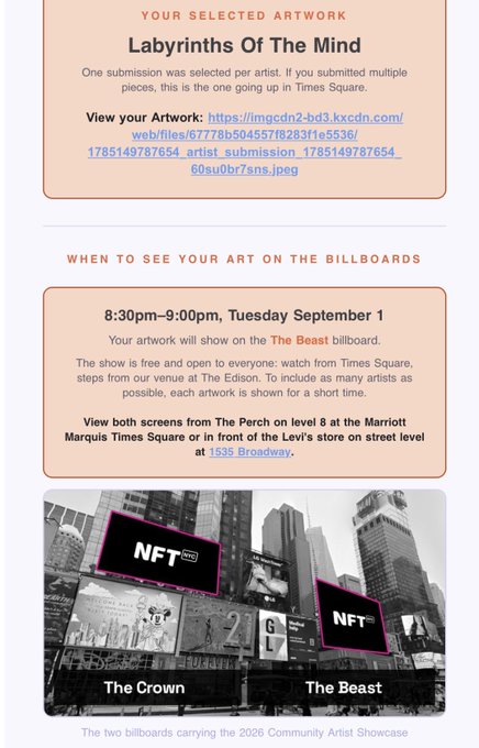 A notification page titled 'YOUR SELECTED ARTWORK' for 'Labyrinths Of The Mind' by Times Square, showing exhibition info for September 1 at 'The Beast' billboard at 1535 Broadway.