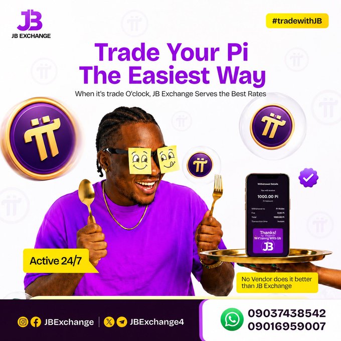 A promotional graphic for JB Exchange titled "Trade Your Pi The Easiest Way," featuring a man with Pi coin glasses and offering to trade Pi cryptocurrency, with contact phone numbers 09037438542 and 09016959007.